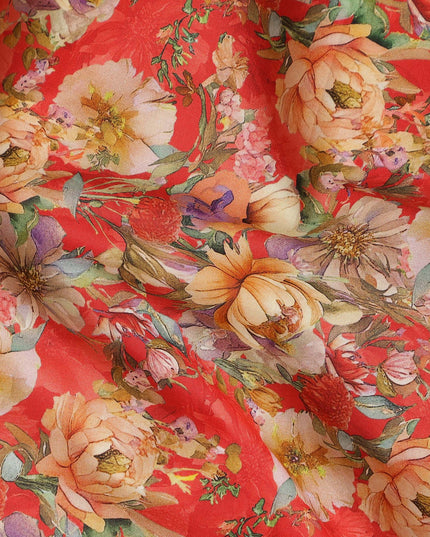 Red Floral Printed Cotton Lawn Fabric All Over Blooming Flower Design Soft Sewing Material 4.0 Meters Length 110 Cms Width India-D27648