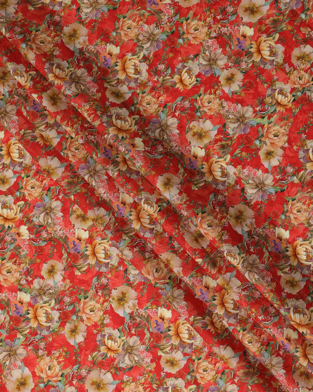 Red Floral Printed Cotton Lawn Fabric All Over Blooming Flower Design Soft Sewing Material 4.0 Meters Length 110 Cms Width India-D27648