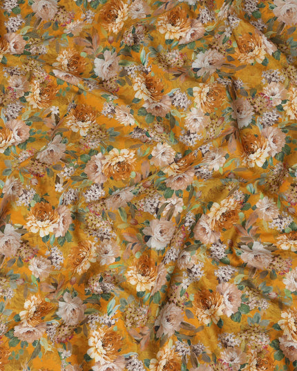 Mustard Yellow Floral Printed Cotton Lawn Fabric All Over Blooming Flower Design Soft Sewing Material 4.0 Meters Length 110 Cms Width India-D27649