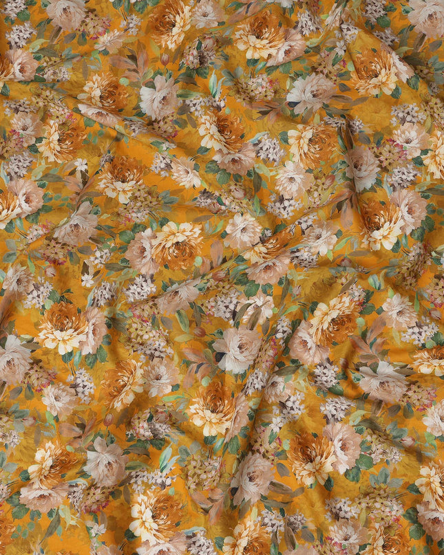 Mustard Yellow Floral Printed Cotton Lawn Fabric All Over Blooming Flower Design Soft Sewing Material 4.0 Meters Length 110 Cms Width India-D27649