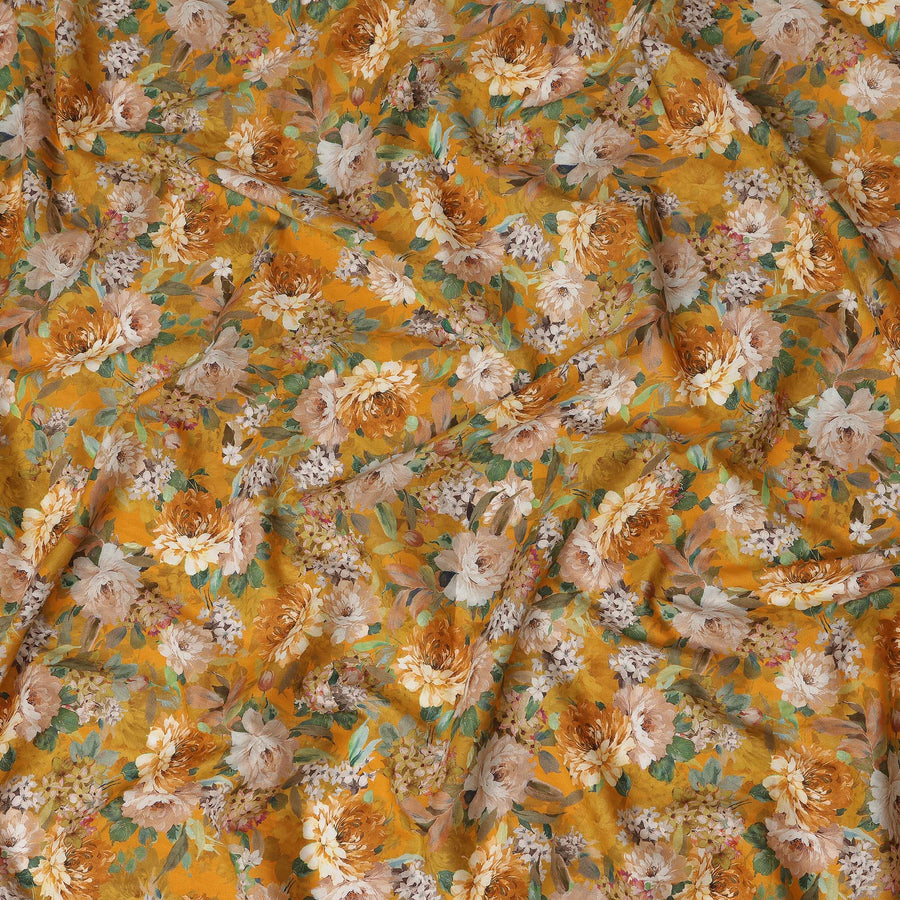 Mustard Yellow Floral Printed Cotton Lawn Fabric All Over Blooming Flower Design Soft Sewing Material 4.0 Meters Length 110 Cms Width India-D27649