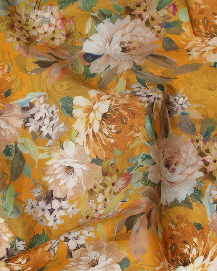 Mustard Yellow Floral Printed Cotton Lawn Fabric All Over Blooming Flower Design Soft Sewing Material 4.0 Meters Length 110 Cms Width India-D27649