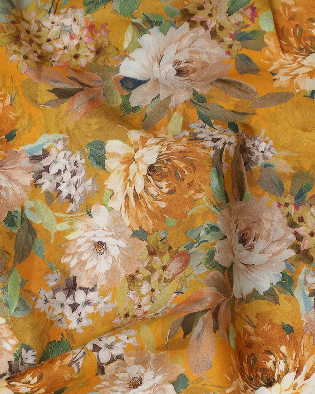 Mustard Yellow Floral Printed Cotton Lawn Fabric All Over Blooming Flower Design Soft Sewing Material 4.0 Meters Length 110 Cms Width India-D27649