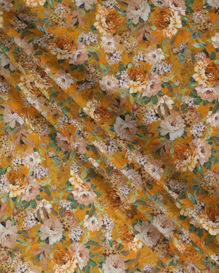Mustard Yellow Floral Printed Cotton Lawn Fabric All Over Blooming Flower Design Soft Sewing Material 4.0 Meters Length 110 Cms Width India-D27649
