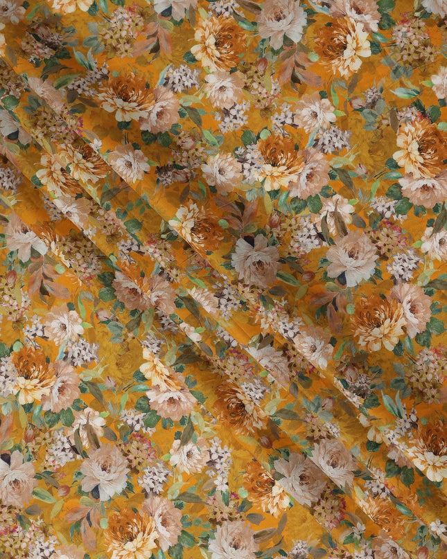 Mustard Yellow Floral Printed Cotton Lawn Fabric All Over Blooming Flower Design Soft Sewing Material 4.0 Meters Length 110 Cms Width India-D27649