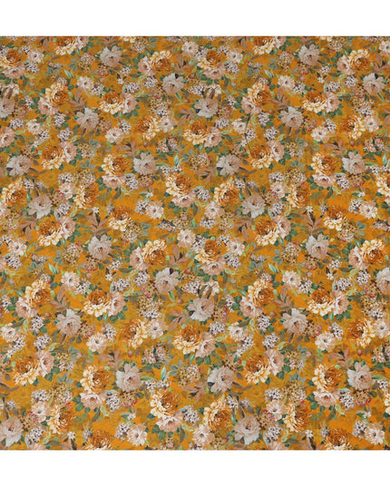 Mustard Yellow Floral Printed Cotton Lawn Fabric All Over Blooming Flower Design Soft Sewing Material 4.0 Meters Length 110 Cms Width India-D27649
