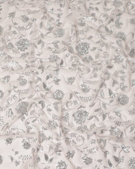 Blush Pink Floral Sequin Embroidered Premium Pure Silk Chiffon Fabric 110 Cms Width South Korea-D28201