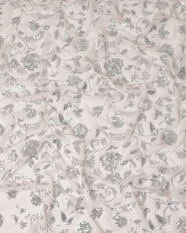 Blush Pink Floral Sequin Embroidered Premium Pure Silk Chiffon Fabric 110 Cms Width South Korea-D28201