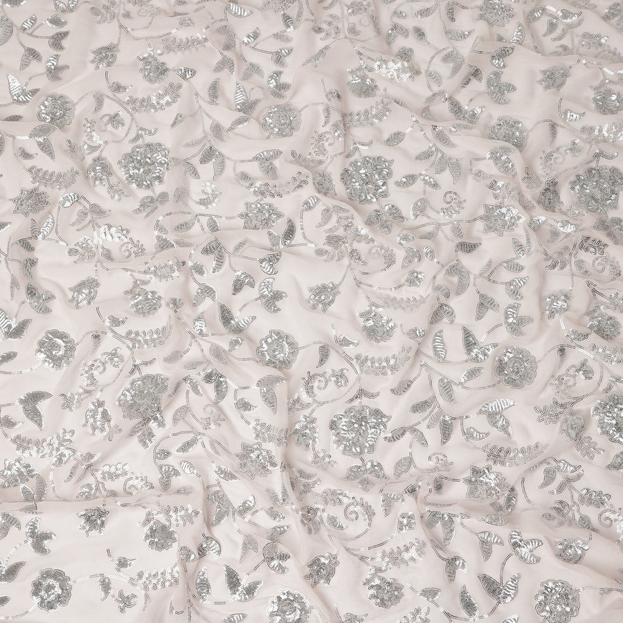 Blush Pink Floral Sequin Embroidered Premium Pure Silk Chiffon Fabric 110 Cms Width South Korea-D28201