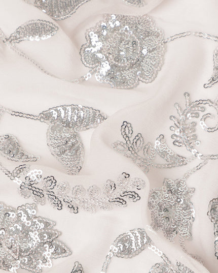 Blush Pink Floral Sequin Embroidered Premium Pure Silk Chiffon Fabric 110 Cms Width South Korea-D28201