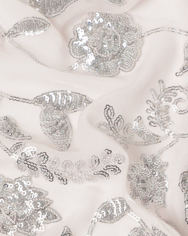 Blush Pink Floral Sequin Embroidered Premium Pure Silk Chiffon Fabric 110 Cms Width South Korea-D28201