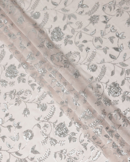 Blush Pink Floral Sequin Embroidered Premium Pure Silk Chiffon Fabric 110 Cms Width South Korea-D28201