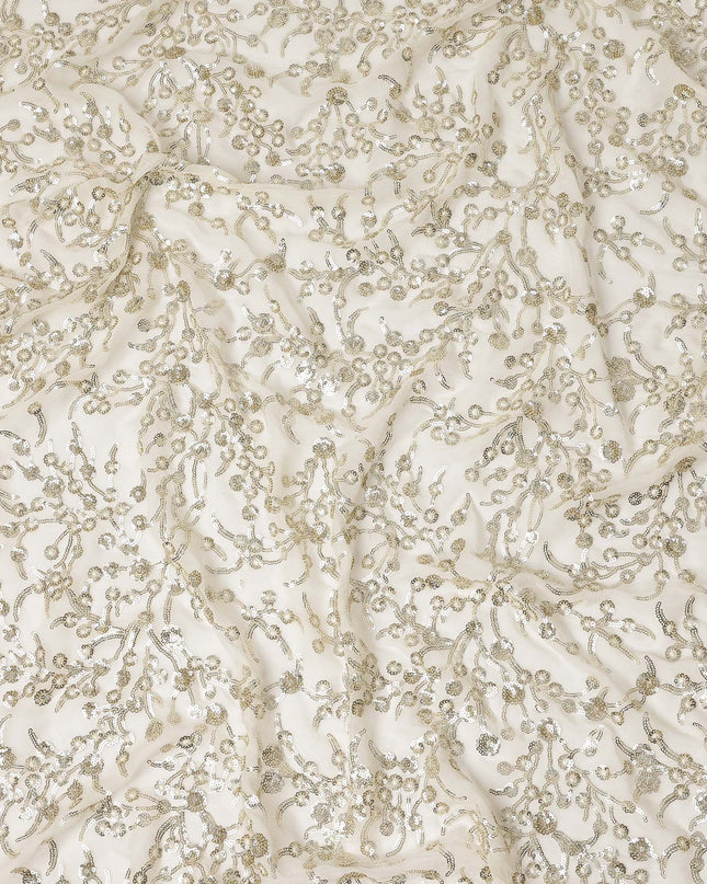 Ivory Gold Floral Sequin Embroidered Premium Pure Silk Chiffon Fabric 110 Cms Width South Korea-D28203