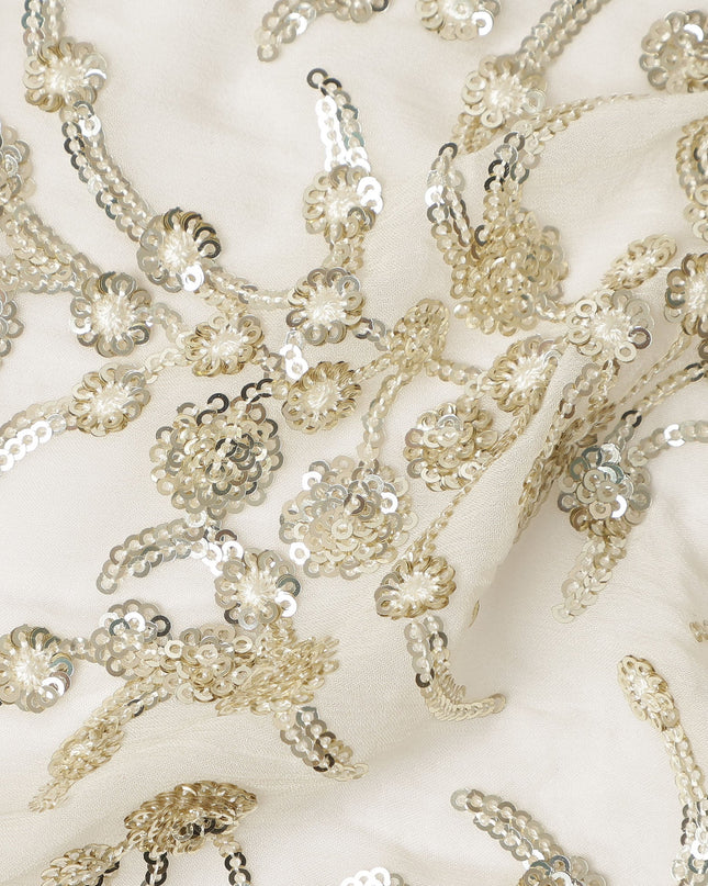 Ivory Gold Floral Sequin Embroidered Premium Pure Silk Chiffon Fabric 110 Cms Width South Korea-D28203