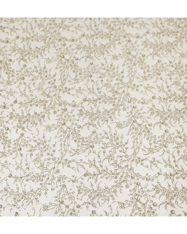 Ivory Gold Floral Sequin Embroidered Premium Pure Silk Chiffon Fabric 110 Cms Width South Korea-D28203