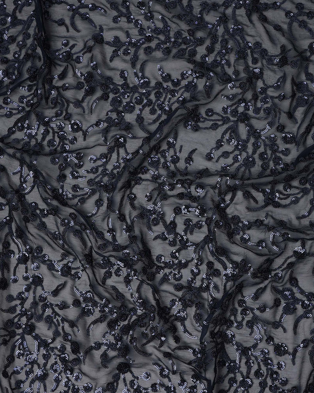 Navy Blue Floral Sequin Embroidered Premium Pure Silk Chiffon Fabric 110 Cms Width South Korea-D28204