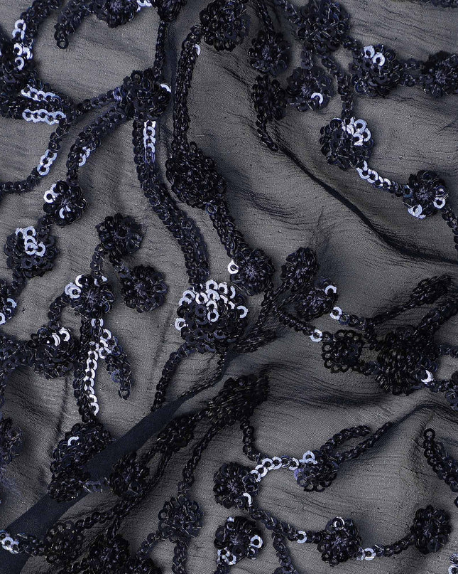 Navy Blue Floral Sequin Embroidered Premium Pure Silk Chiffon Fabric 110 Cms Width South Korea-D28204
