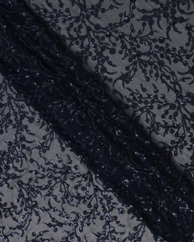 Navy Blue Floral Sequin Embroidered Premium Pure Silk Chiffon Fabric 110 Cms Width South Korea-D28204