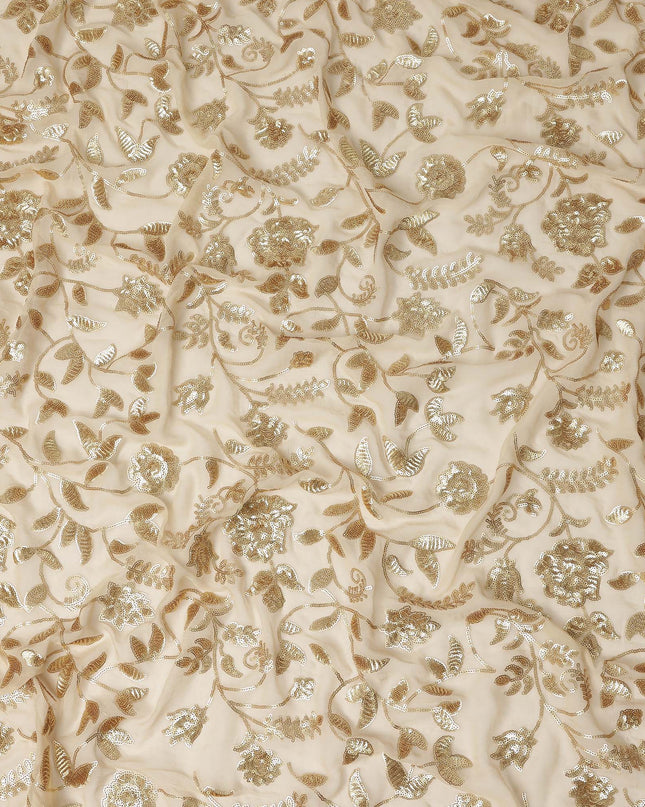 Champagne Gold Floral Sequin Embroidered Premium Pure Silk Chiffon Fabric 110 Cms Width South Korea-D28202