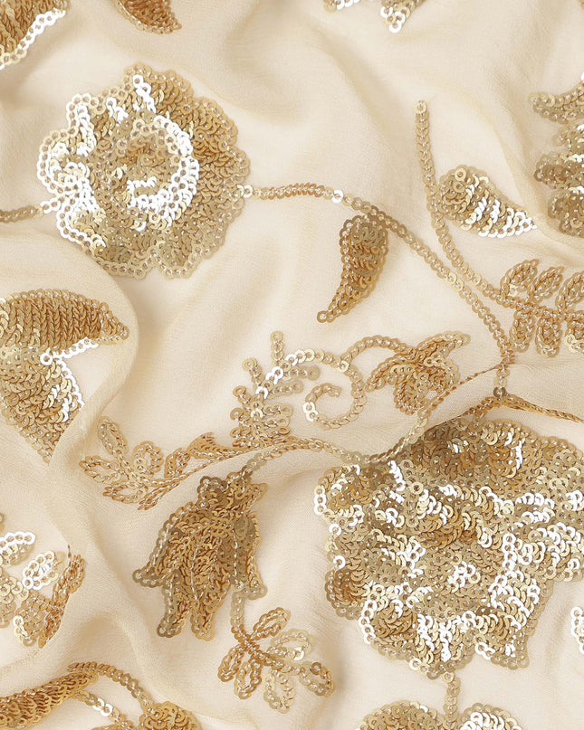 Champagne Gold Floral Sequin Embroidered Premium Pure Silk Chiffon Fabric 110 Cms Width South Korea-D28202
