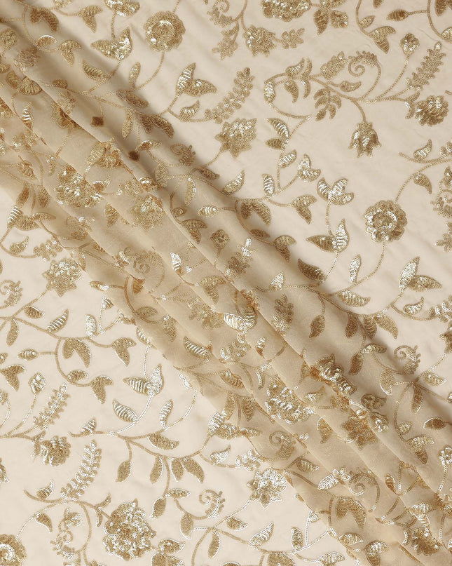 Champagne Gold Floral Sequin Embroidered Premium Pure Silk Chiffon Fabric 110 Cms Width South Korea-D28202