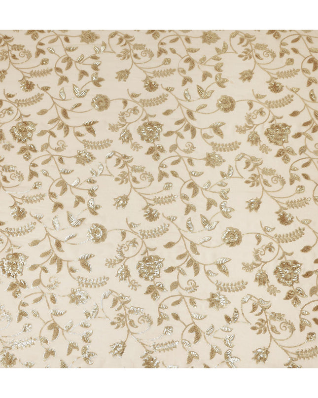 Champagne Gold Floral Sequin Embroidered Premium Pure Silk Chiffon Fabric 110 Cms Width South Korea-D28202
