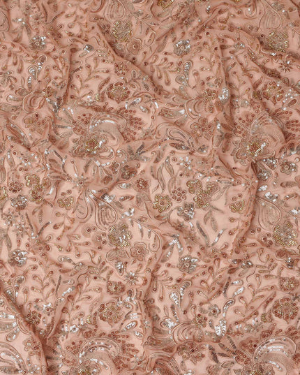 Dusty Rose Floral Bead & Sequin Embroidered Premium Pure Silk Chiffon Fabric 110 Cms Width South Korea-D28210 - Regal Fabrics