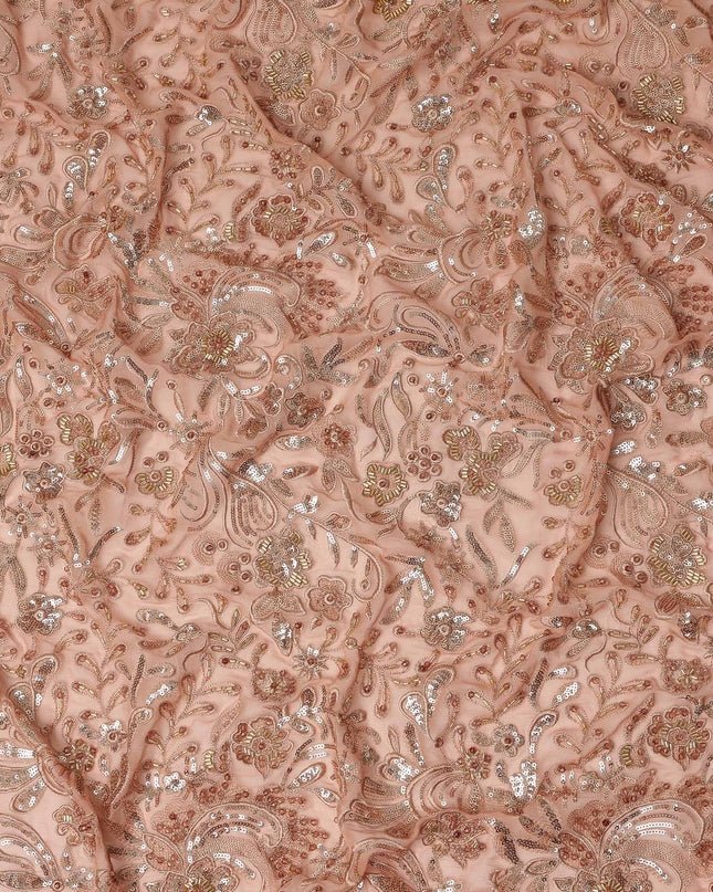 Dusty Rose Floral Bead & Sequin Embroidered Premium Pure Silk Chiffon Fabric 110 Cms Width South Korea-D28210