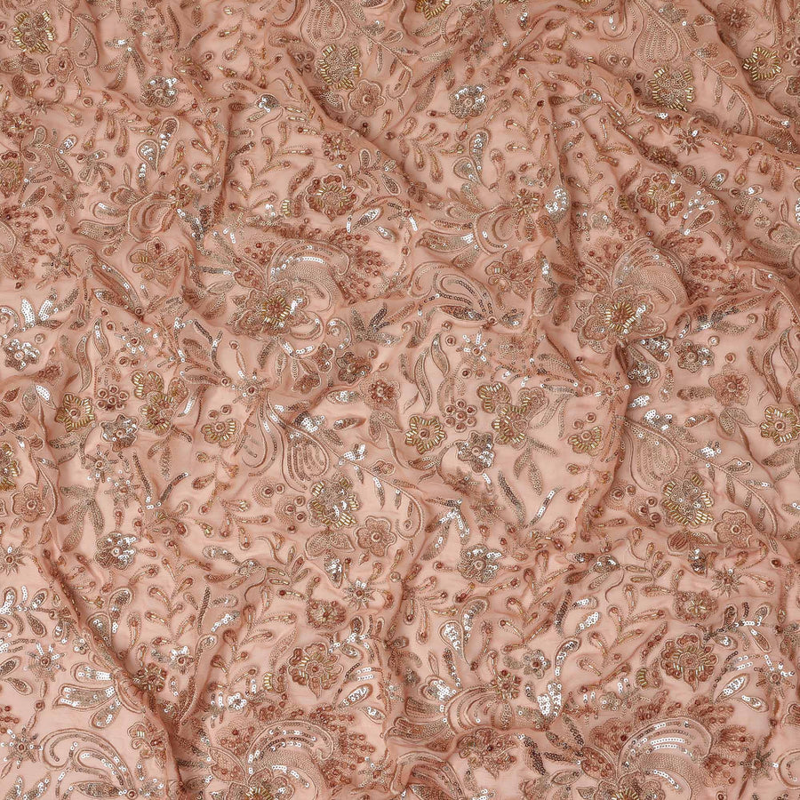 Dusty Rose Floral Bead & Sequin Embroidered Premium Pure Silk Chiffon Fabric 110 Cms Width South Korea-D28210 - Regal Fabrics
