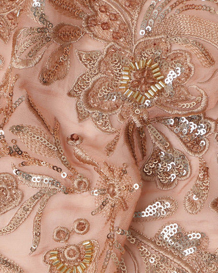 Dusty Rose Floral Bead & Sequin Embroidered Premium Pure Silk Chiffon Fabric 110 Cms Width South Korea-D28210 - Regal Fabrics