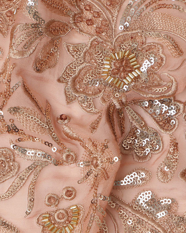 Dusty Rose Floral Bead & Sequin Embroidered Premium Pure Silk Chiffon Fabric 110 Cms Width South Korea-D28210