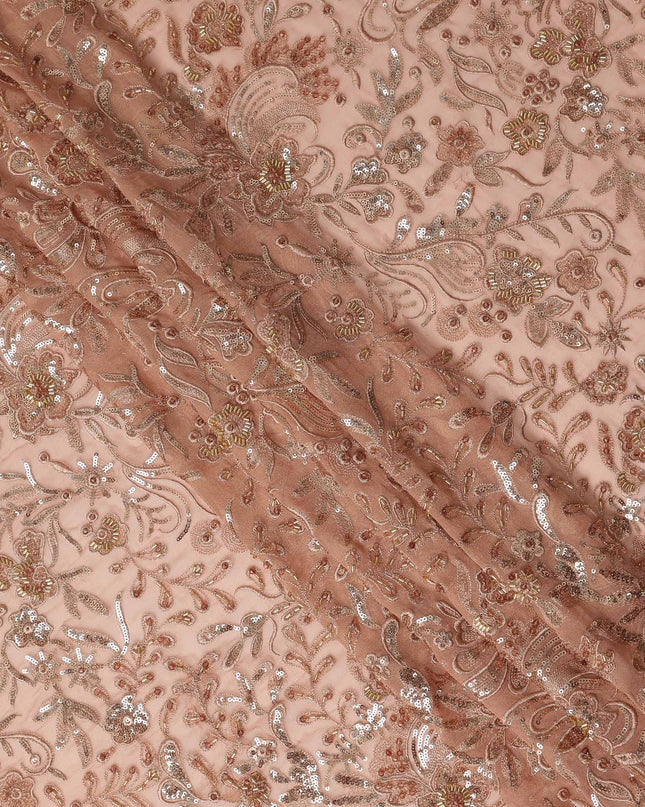 Dusty Rose Floral Bead & Sequin Embroidered Premium Pure Silk Chiffon Fabric 110 Cms Width South Korea-D28210