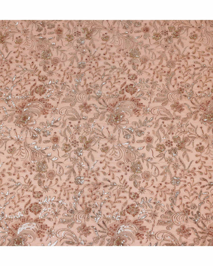 Dusty Rose Floral Bead & Sequin Embroidered Premium Pure Silk Chiffon Fabric 110 Cms Width South Korea-D28210 - Regal Fabrics