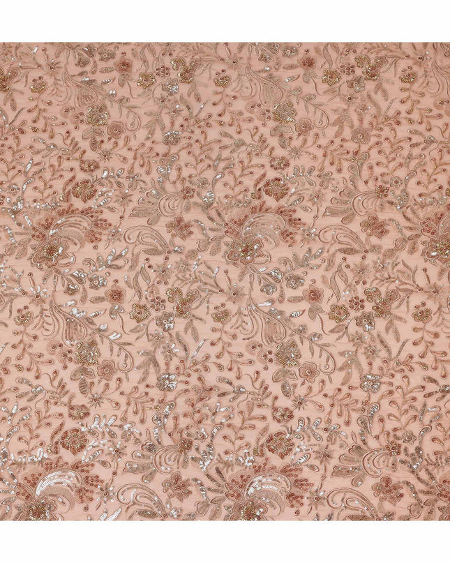 Dusty Rose Floral Bead & Sequin Embroidered Premium Pure Silk Chiffon Fabric 110 Cms Width South Korea-D28210