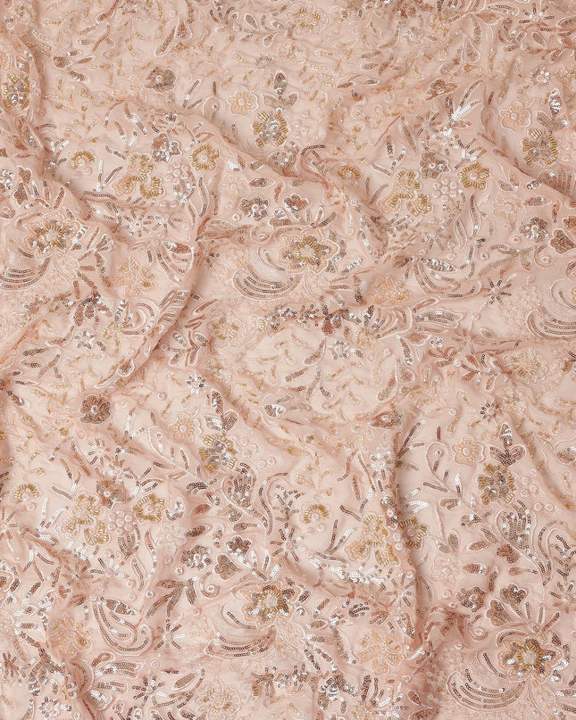 Peach Pink Floral Bead & Sequin Embroidered Premium Pure Silk Chiffon Fabric 110 Cms Width South Korea-D28206