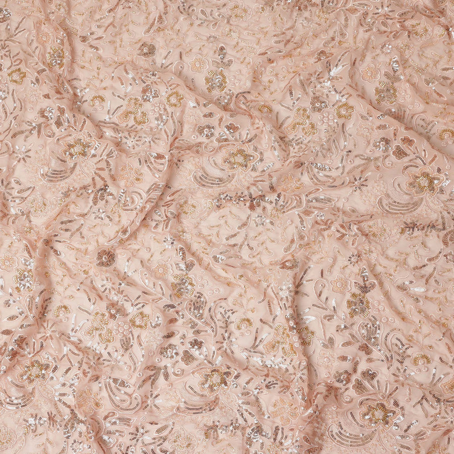 Peach Pink Floral Bead & Sequin Embroidered Premium Pure Silk Chiffon Fabric 110 Cms Width South Korea-D28206 - Regal Fabrics