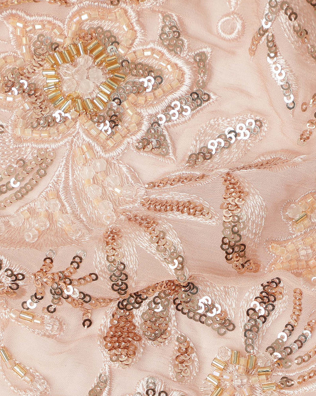 Peach Pink Floral Bead & Sequin Embroidered Premium Pure Silk Chiffon Fabric 110 Cms Width South Korea-D28206