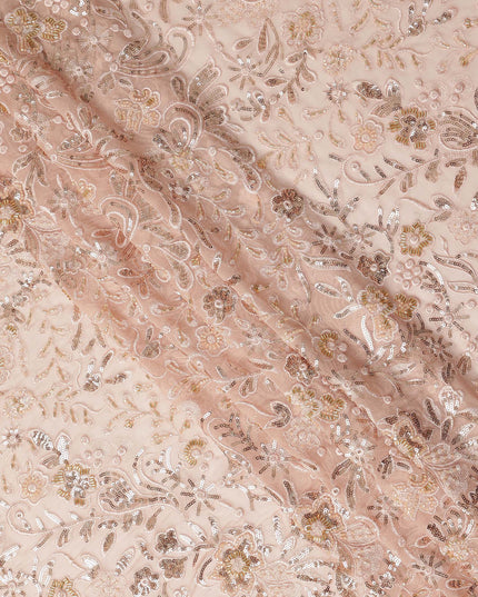 Peach Pink Floral Bead & Sequin Embroidered Premium Pure Silk Chiffon Fabric 110 Cms Width South Korea-D28206 - Regal Fabrics