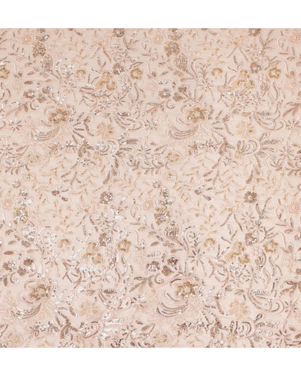 Peach Pink Floral Bead & Sequin Embroidered Premium Pure Silk Chiffon Fabric 110 Cms Width South Korea-D28206 - Regal Fabrics