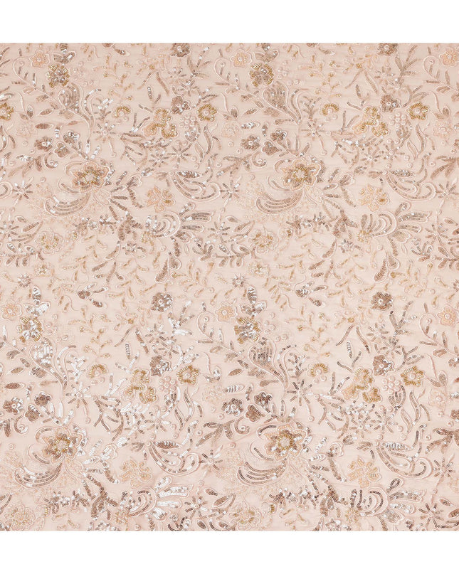 Peach Pink Floral Bead & Sequin Embroidered Premium Pure Silk Chiffon Fabric 110 Cms Width South Korea-D28206