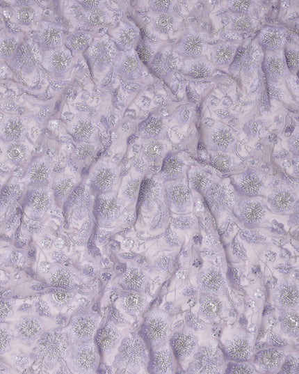 Lavender Floral Bead & Sequin Embroidered Premium Pure Silk Chiffon Fabric 110 Cms Width South Korea-D28209 - Regal Fabrics
