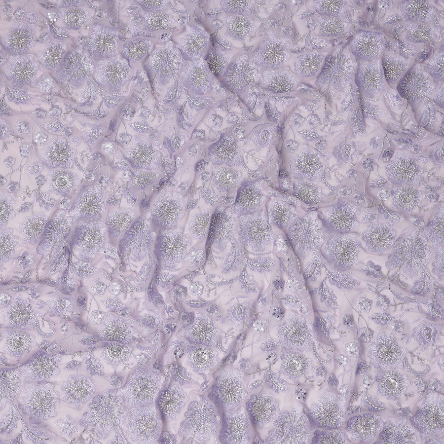 Lavender Floral Bead & Sequin Embroidered Premium Pure Silk Chiffon Fabric 110 Cms Width South Korea-D28209 - Regal Fabrics