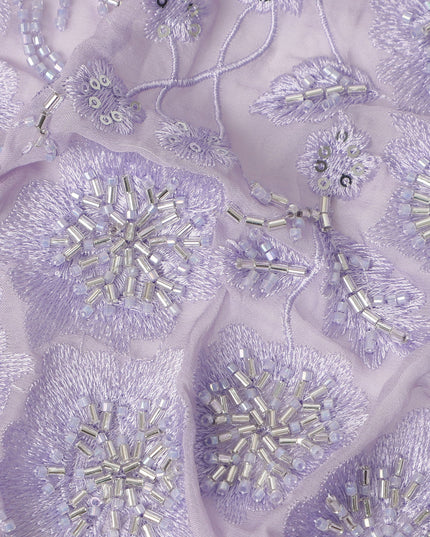Lavender Floral Bead & Sequin Embroidered Premium Pure Silk Chiffon Fabric 110 Cms Width South Korea-D28209 - Regal Fabrics
