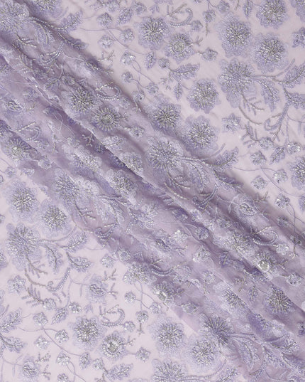 Lavender Floral Bead & Sequin Embroidered Premium Pure Silk Chiffon Fabric 110 Cms Width South Korea-D28209 - Regal Fabrics