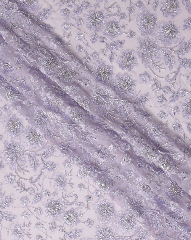Lavender Floral Bead & Sequin Embroidered Premium Pure Silk Chiffon Fabric 110 Cms Width South Korea-D28209