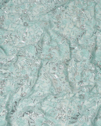 Mint Green Floral Bead & Sequin Embroidered Premium Pure Silk Chiffon Fabric 110 Cms Width South Korea-D28208 - Regal Fabrics