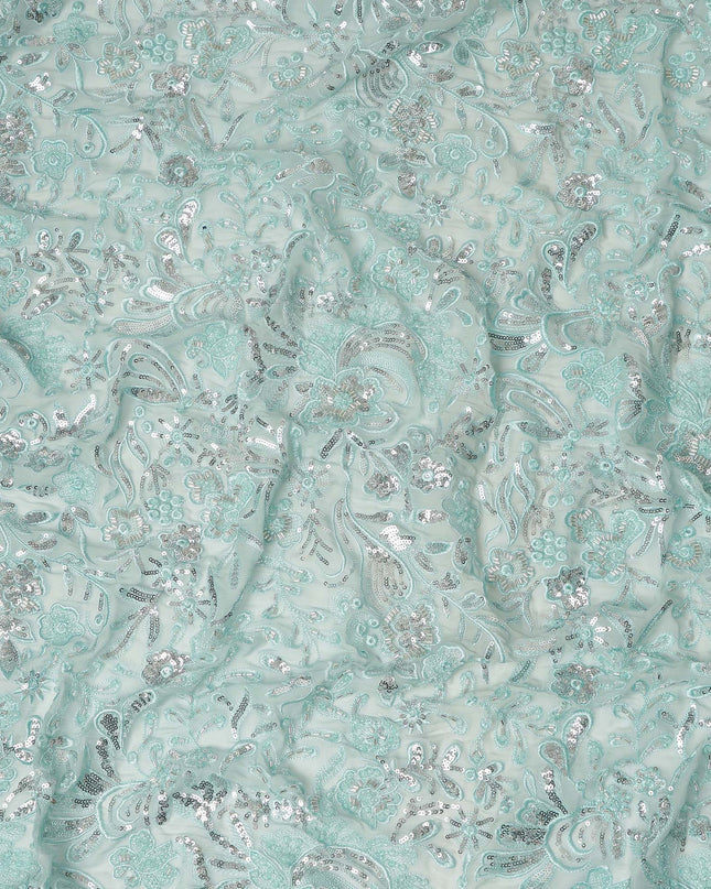 Mint Green Floral Bead & Sequin Embroidered Premium Pure Silk Chiffon Fabric 110 Cms Width South Korea-D28208