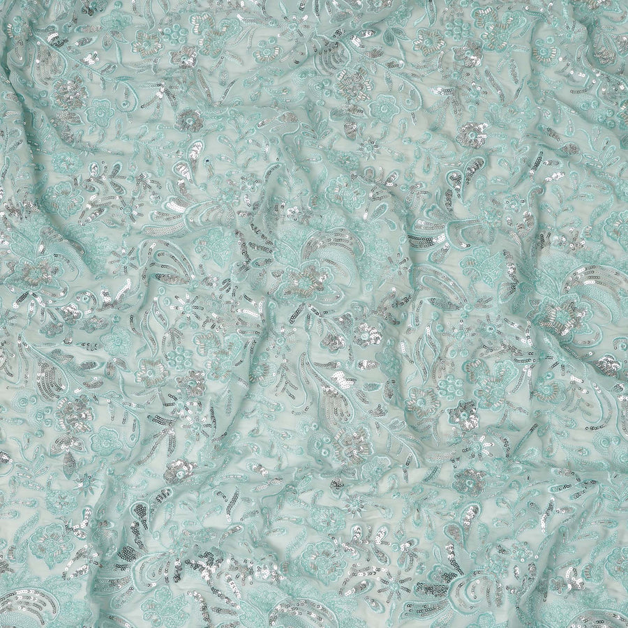 Mint Green Floral Bead & Sequin Embroidered Premium Pure Silk Chiffon Fabric 110 Cms Width South Korea-D28208 - Regal Fabrics