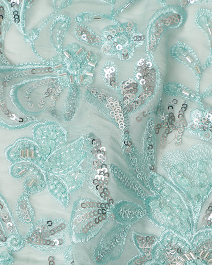 Mint Green Floral Bead & Sequin Embroidered Premium Pure Silk Chiffon Fabric 110 Cms Width South Korea-D28208 - Regal Fabrics