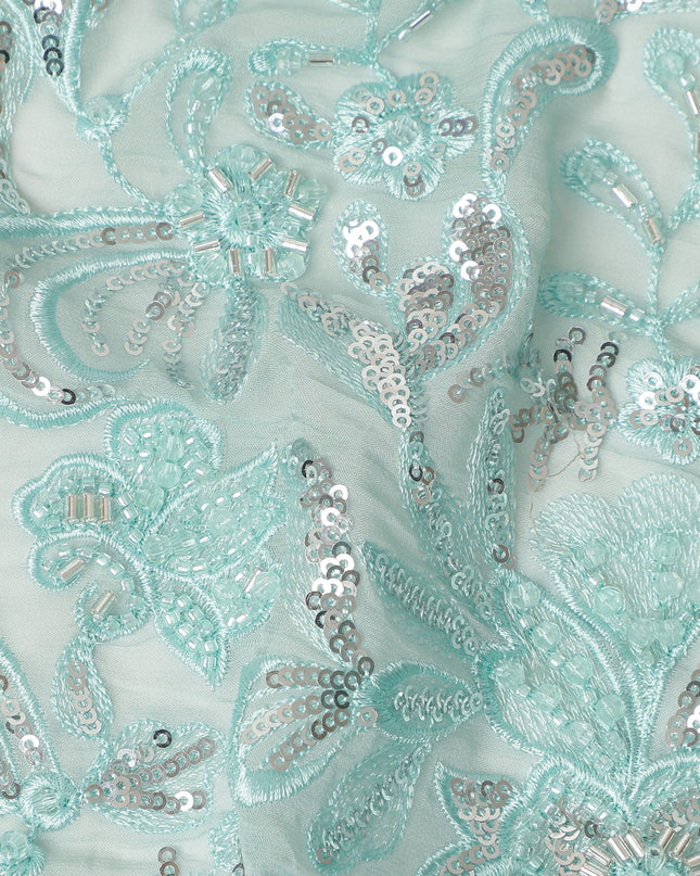 Mint Green Floral Bead & Sequin Embroidered Premium Pure Silk Chiffon Fabric 110 Cms Width South Korea-D28208
